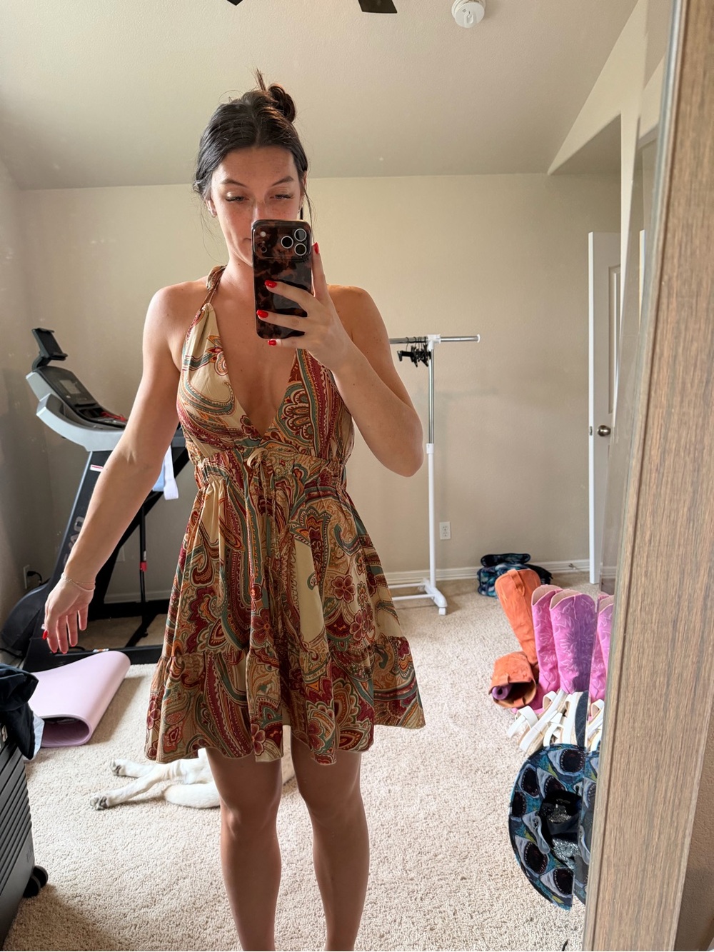SHEIN Paisley Halter Mini Dress in Beige, Red and Green